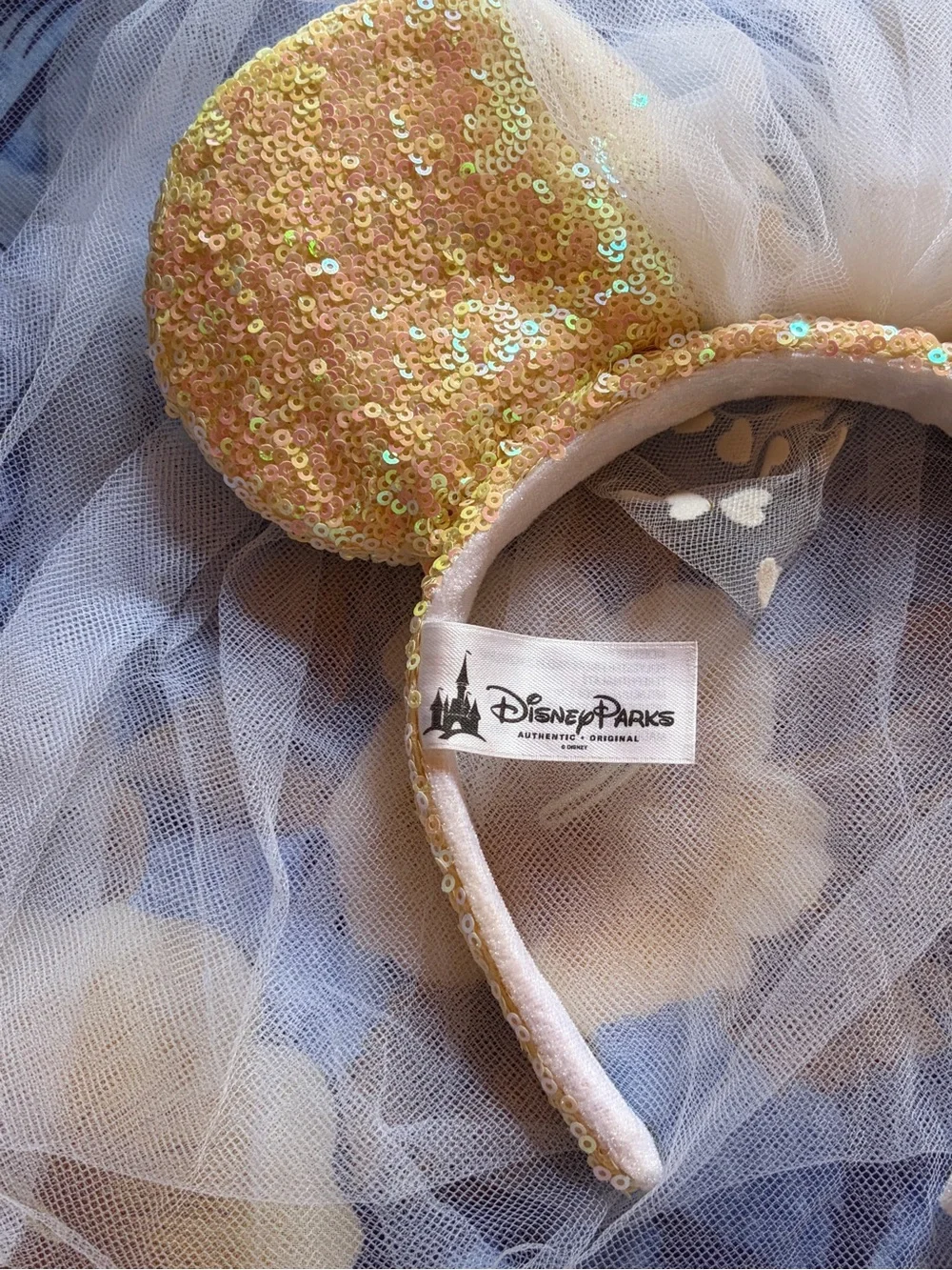 Disney Sequin Minnie Ear Headband with Veil - Pearl Pink and Gold